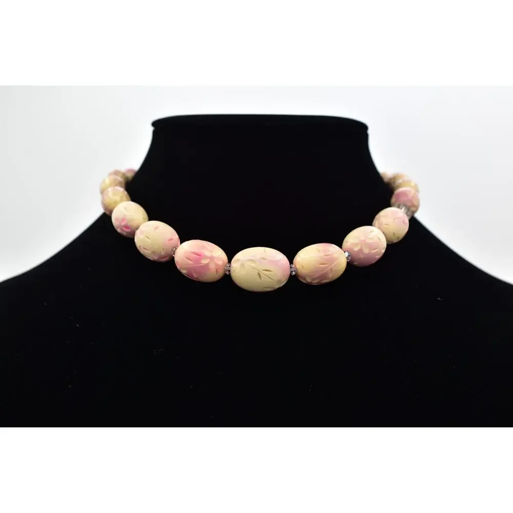 Vintage Flower Carved Beaded Choker Collar Necklace Egg Pink AB Crystal BinBD
